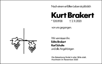 Traueranzeige von Kurt Brakert von vrm-trauer