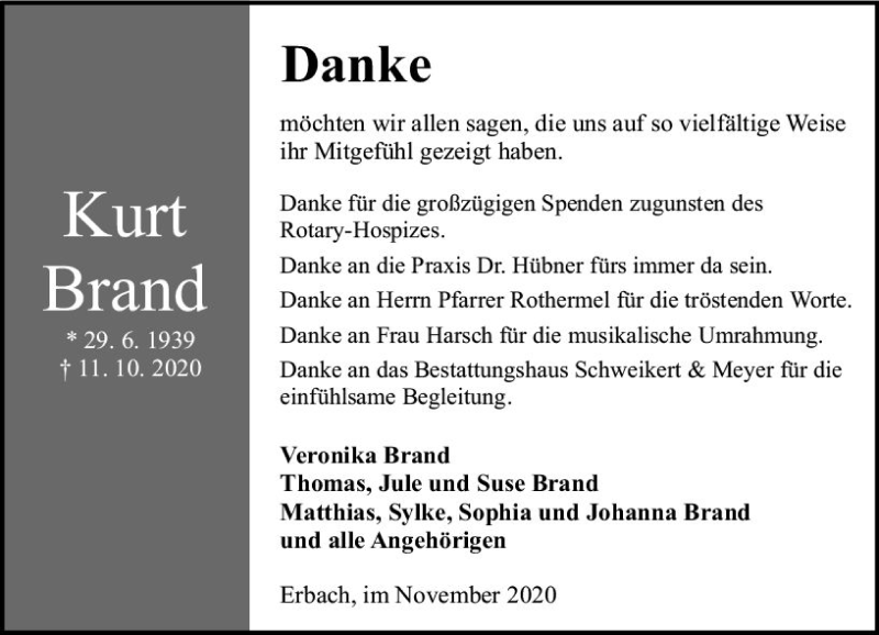  Traueranzeige für Kurt Brand vom 14.11.2020 aus vrm-trauer