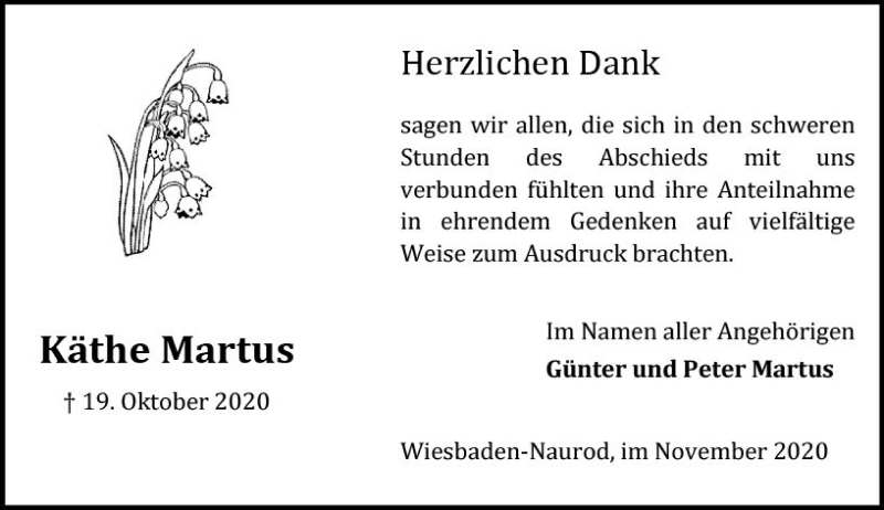  Traueranzeige für Käthe Martus vom 07.11.2020 aus vrm-trauer