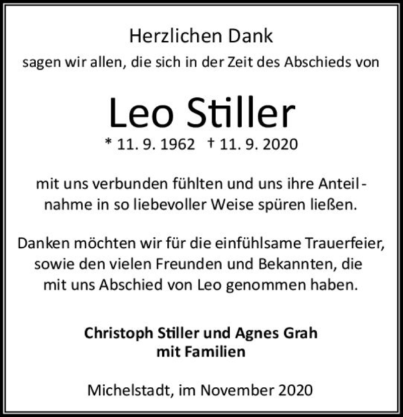  Traueranzeige für Leo Stiller vom 07.11.2020 aus vrm-trauer