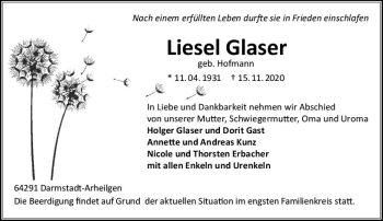 Traueranzeige von Liesel Glaser von vrm-trauer