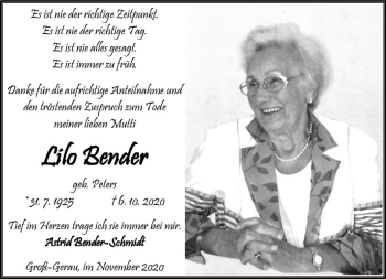 Traueranzeige von Lilo Bender von vrm-trauer