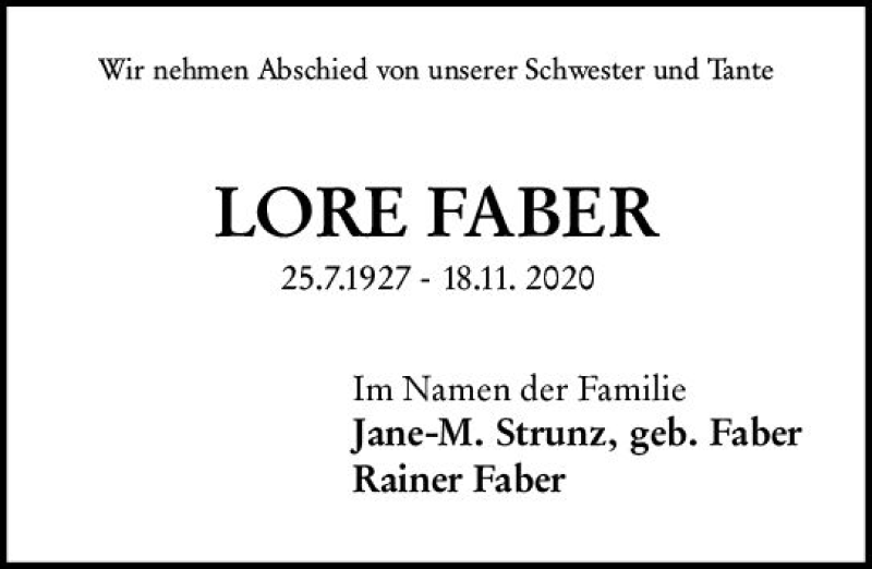  Traueranzeige für Lore Faber vom 23.11.2020 aus vrm-trauer