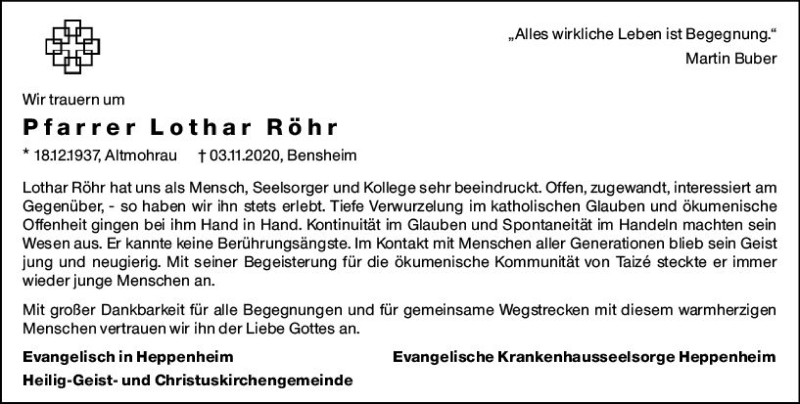  Traueranzeige für Lothar Röhr vom 07.11.2020 aus vrm-trauer