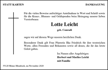 Traueranzeige von Lotte Leicht von vrm-trauer