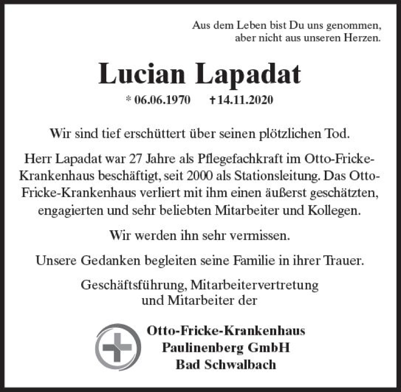  Traueranzeige für Lucian Lapadat vom 28.11.2020 aus vrm-trauer