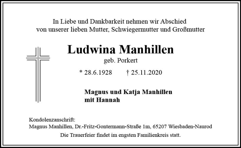  Traueranzeige für Ludwina Manhillen vom 28.11.2020 aus vrm-trauer