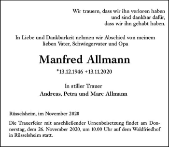Traueranzeige von Manfred Allmann von vrm-trauer