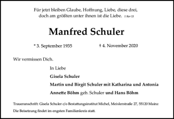 Traueranzeige von Manfred Schuler von vrm-trauer