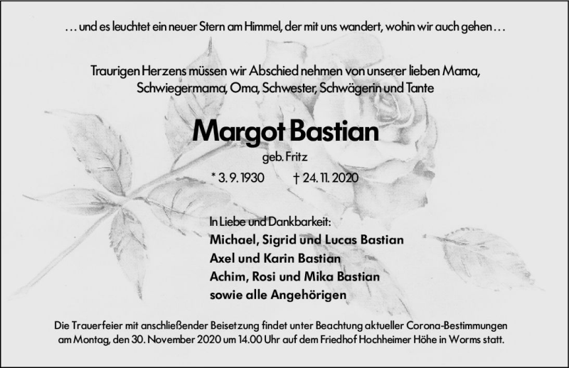  Traueranzeige für Margot Bastian vom 28.11.2020 aus vrm-trauer
