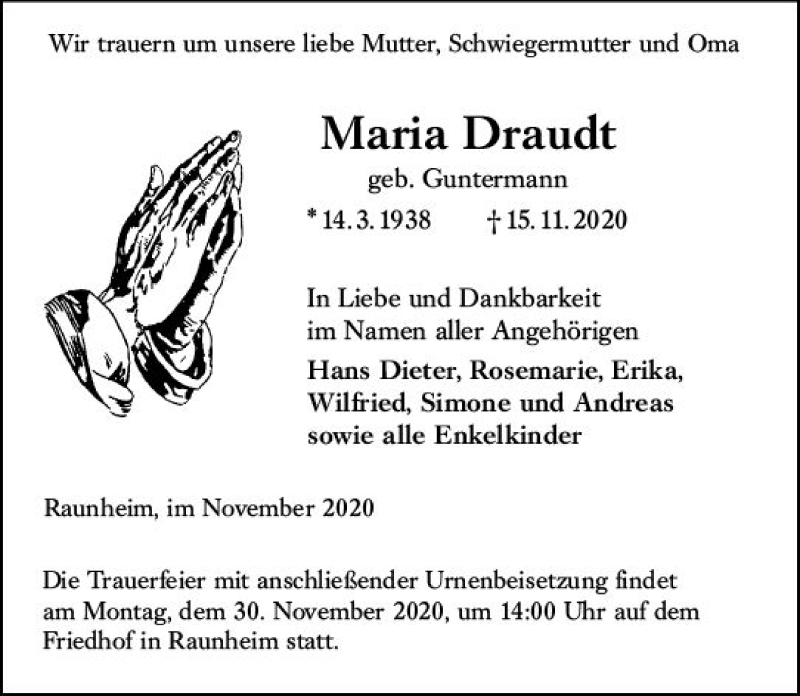  Traueranzeige für Maria Draudt vom 21.11.2020 aus vrm-trauer
