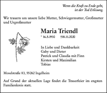 Traueranzeige von Maria Triendl von vrm-trauer
