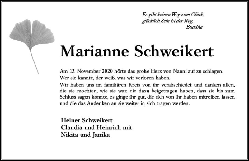  Traueranzeige für Marianne Schweikert vom 28.11.2020 aus vrm-trauer