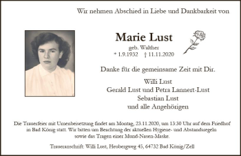 Traueranzeige von Marie Lust von vrm-trauer