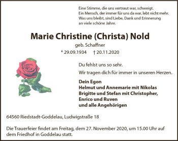 Traueranzeige von Marie Christine Nold von vrm-trauer
