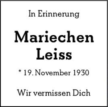 Traueranzeige von Mariechen Leiss von vrm-trauer