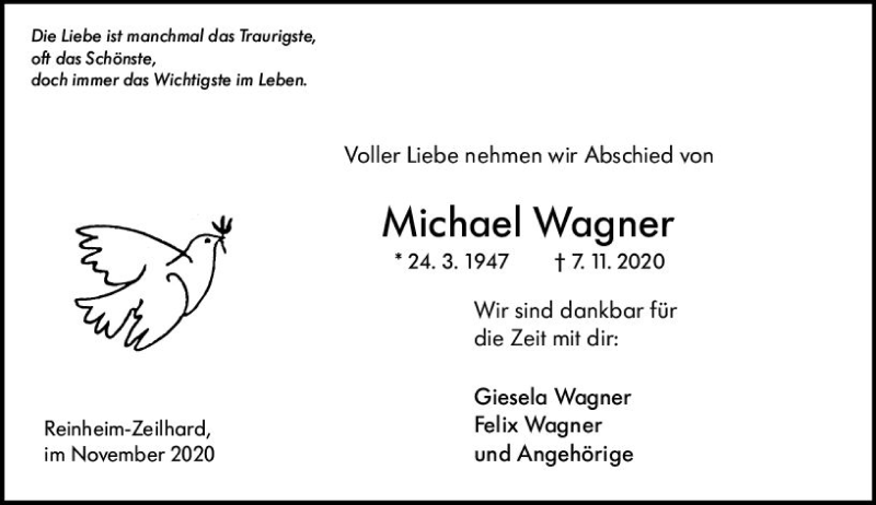  Traueranzeige für Michael Wagner vom 21.11.2020 aus vrm-trauer