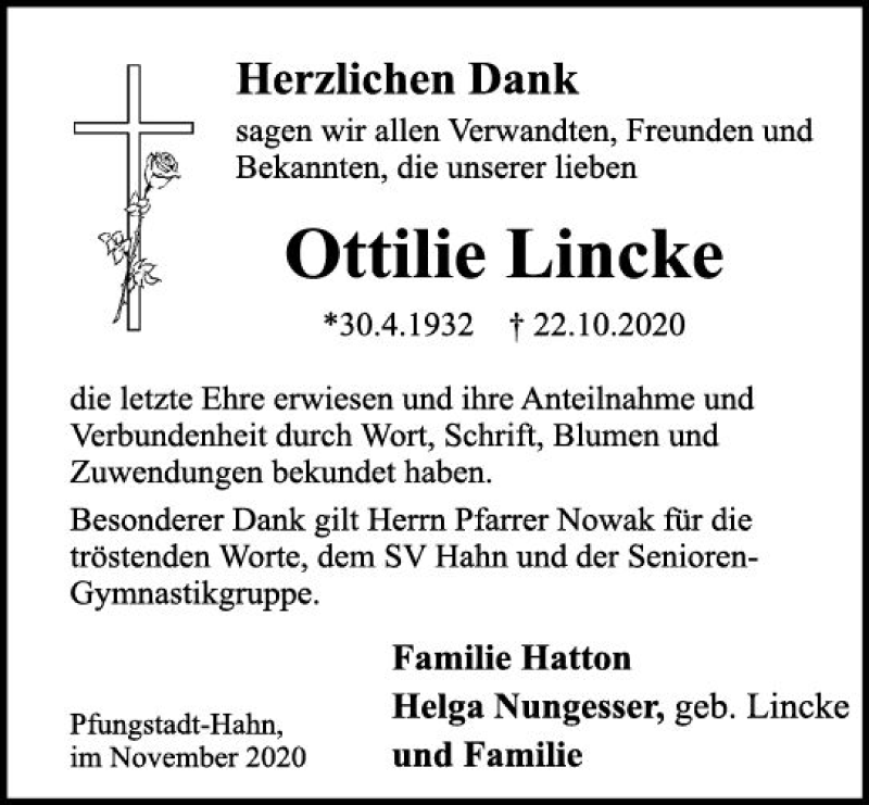  Traueranzeige für Ottilie Lincke vom 28.11.2020 aus vrm-trauer