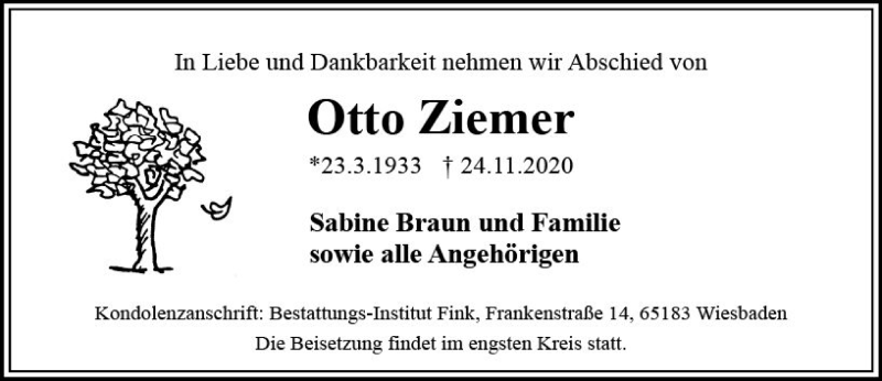 Traueranzeige für Otto Ziemer vom 28.11.2020 aus vrm-trauer