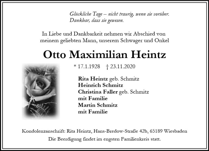  Traueranzeige für Otto Maximilian Heintz vom 28.11.2020 aus vrm-trauer