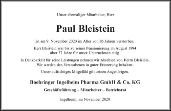 Traueranzeige von Paul Bleistein von vrm-trauer