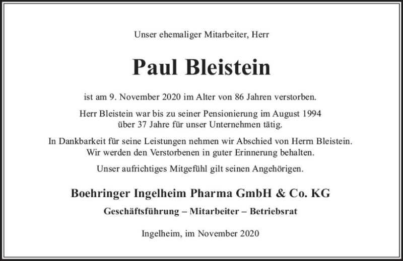  Traueranzeige für Paul Bleistein vom 30.11.2020 aus vrm-trauer