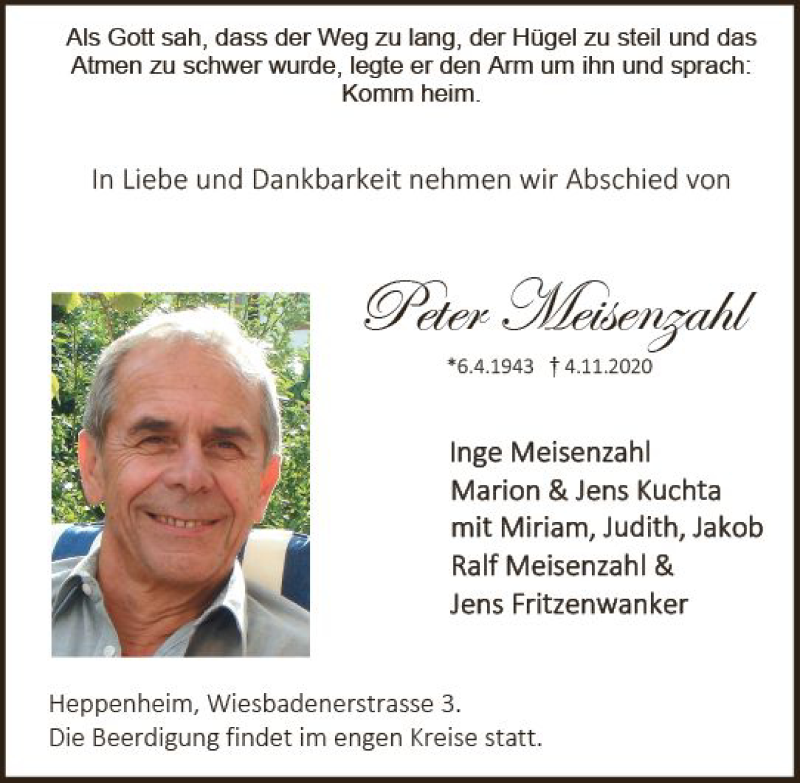  Traueranzeige für Peter Meisenzahl vom 14.11.2020 aus vrm-trauer
