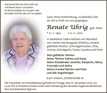 Traueranzeige von Renate Uhrig von vrm-trauer