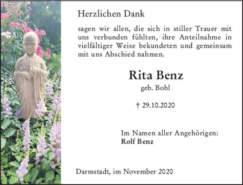  Traueranzeige für Rita Benz vom 21.11.2020 aus vrm-trauer