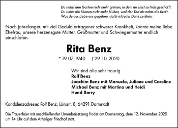 Traueranzeige von Rita Benz von vrm-trauer