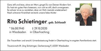 Traueranzeige von Rita Schietinger von vrm-trauer