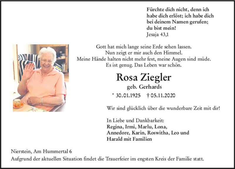  Traueranzeige für Rosa Ziegler vom 14.11.2020 aus vrm-trauer
