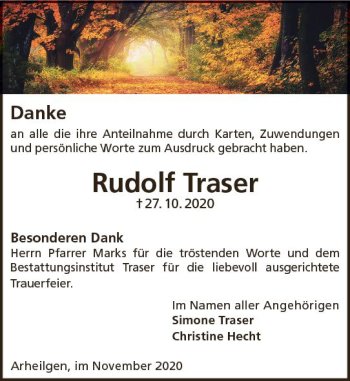 Traueranzeige von Rudolf Traser von vrm-trauer