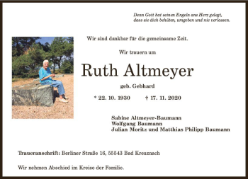 Traueranzeige von Ruth Altmeyer von vrm-trauer