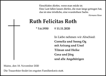 Traueranzeige von Ruth Felicitas Roth von vrm-trauer