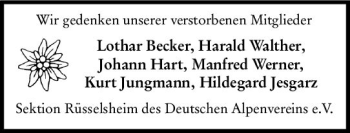 Traueranzeige von Sektion Rüsselsheim des Deutschen Alpenvereins e. V. gedenkt von vrm-trauer