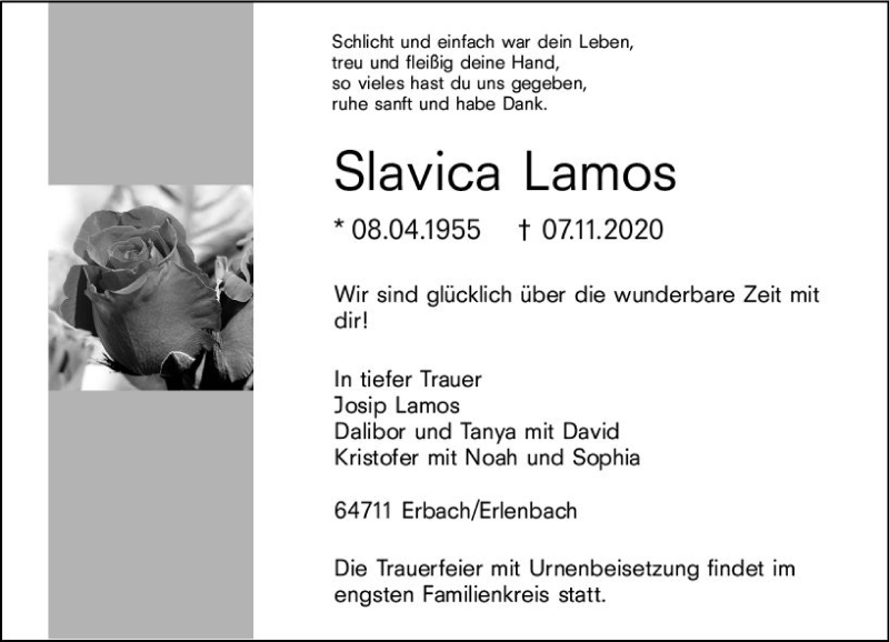  Traueranzeige für Slavica Lamos vom 14.11.2020 aus vrm-trauer
