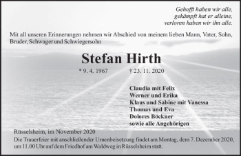 Traueranzeige von Stefan Hirth von vrm-trauer