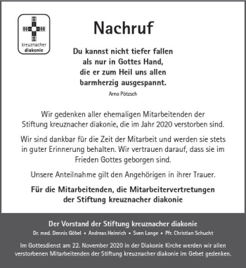 Traueranzeige von Stiftung Kreuznacher Diakonie gedenkt von vrm-trauer