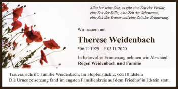 Traueranzeige von Therese Weidenbach von vrm-trauer