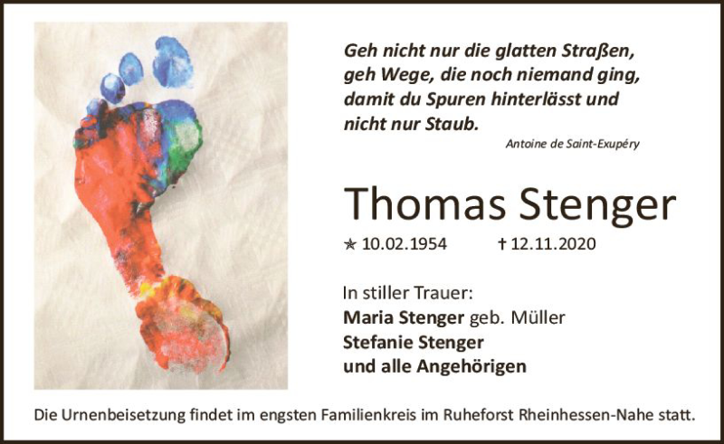  Traueranzeige für Thomas Stenger vom 21.11.2020 aus vrm-trauer