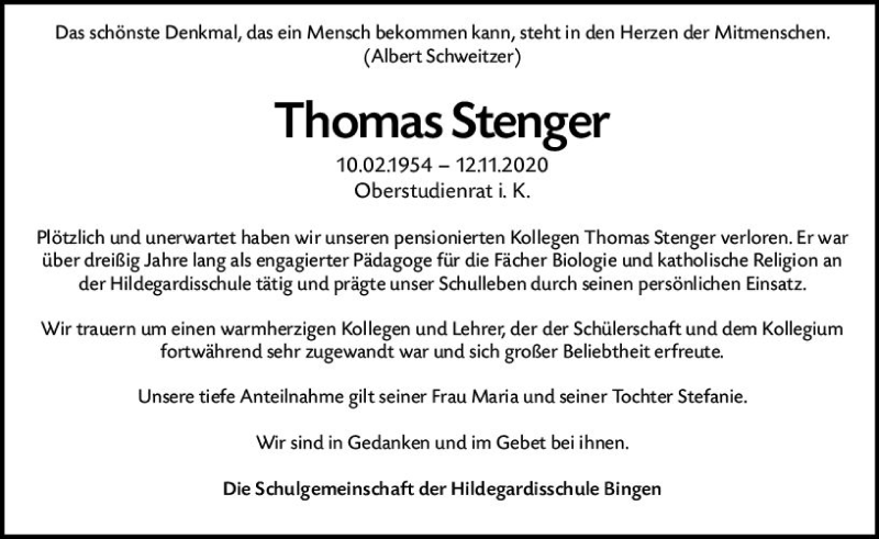  Traueranzeige für Thomas Stenger vom 26.11.2020 aus vrm-trauer