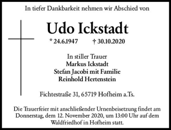 Traueranzeige von Udo Ickstadt von vrm-trauer