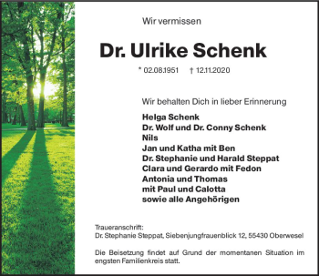 Traueranzeige von Ulrike Schenk von vrm-trauer