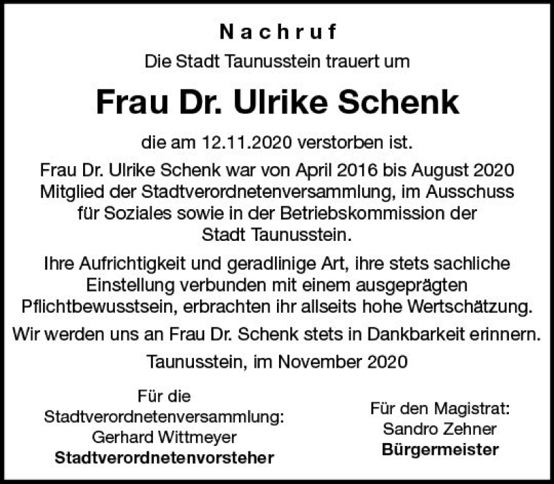 Traueranzeige für Ulrike Schenk vom 26.11.2020 aus vrm-trauer