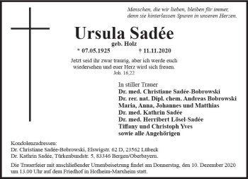 Traueranzeige von Ursula Sadee von vrm-trauer