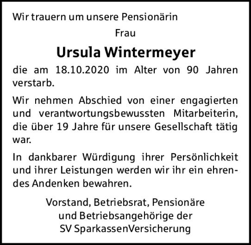  Traueranzeige für Ursula Wintermeyer vom 14.11.2020 aus vrm-trauer
