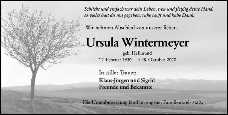  Traueranzeige für Ursula Wintermeyer vom 14.11.2020 aus vrm-trauer