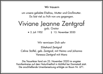 Traueranzeige von Viviane Jeanne Zentgraf von vrm-trauer