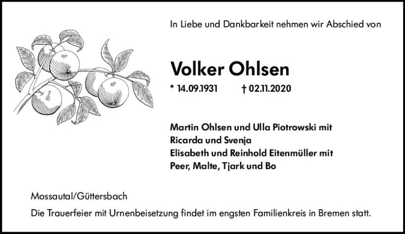  Traueranzeige für Volker Ohlsen vom 07.11.2020 aus vrm-trauer